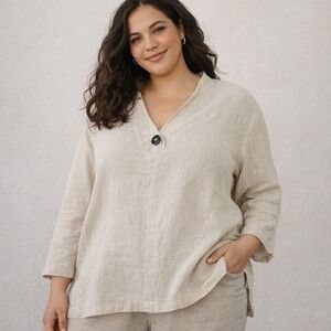 Vintage Hot Cotton Linen Blouse Women's XL Tan V Neck 3/4 Sleeve Top Made In USA
